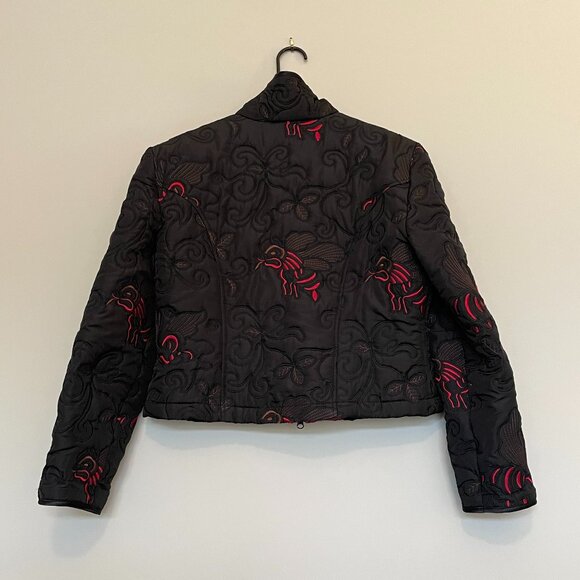 Embroidered Crop Moto Jacket Black Red Size 14 - Picture 7 of 10
